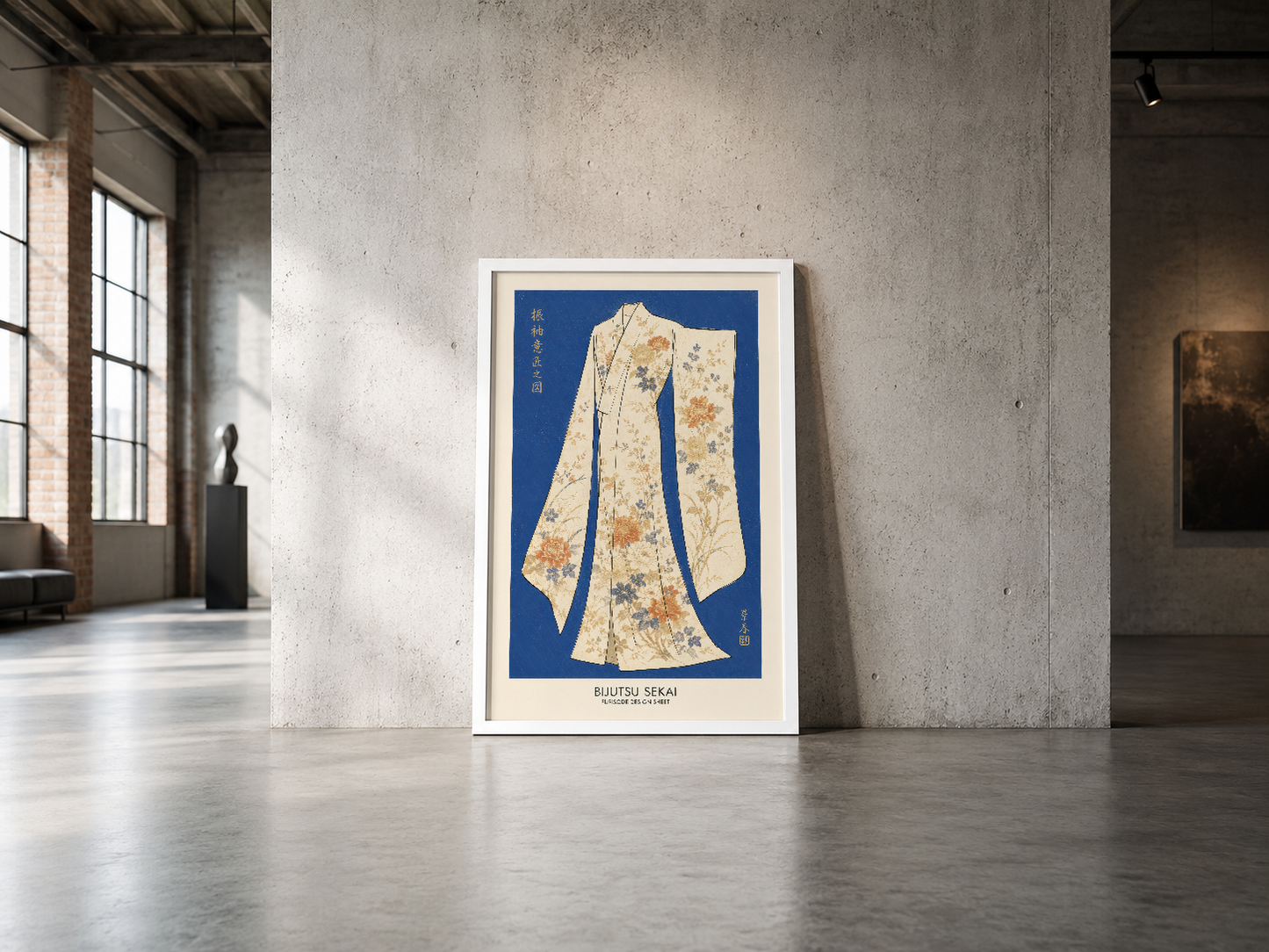 Minimalist loft tarzı alanda, Japon kültüründen ilham alan kimono görselli poster baskısı çerçevesinde sergileniyor.