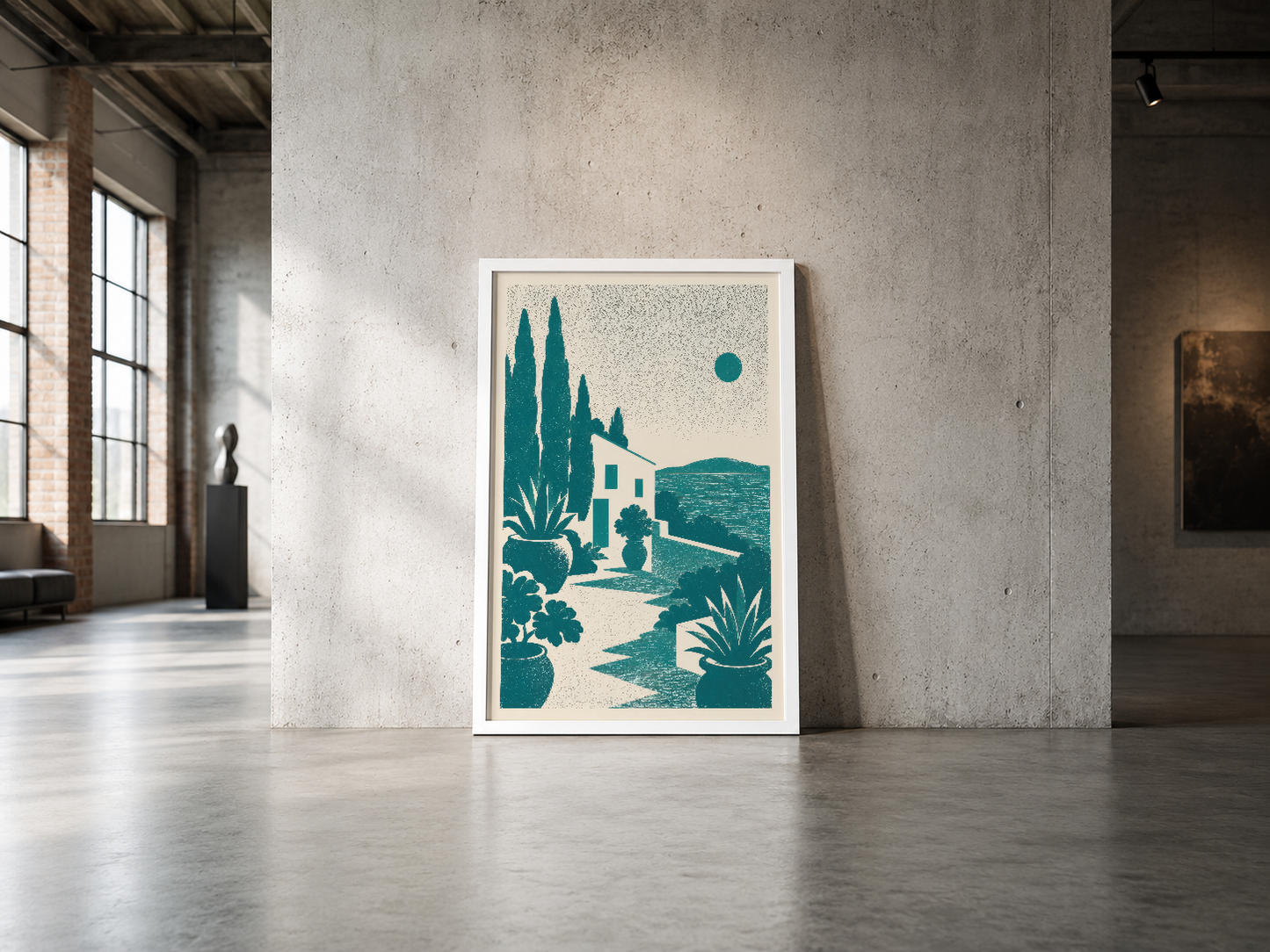 Retro tarz Akdeniz manzarası tablosu, minimalist beyaz çerçevede endüstriyel mekanı canlandırıyor.