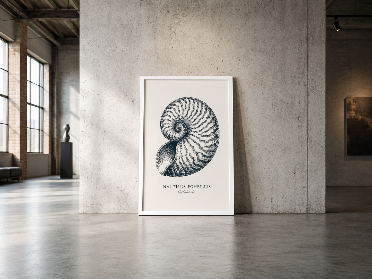 Nautilus pompilius deniz kabuğunun ilmî tasarımı, beyaz çerçeveli poster, endüstriyel alanın sade duvarında.