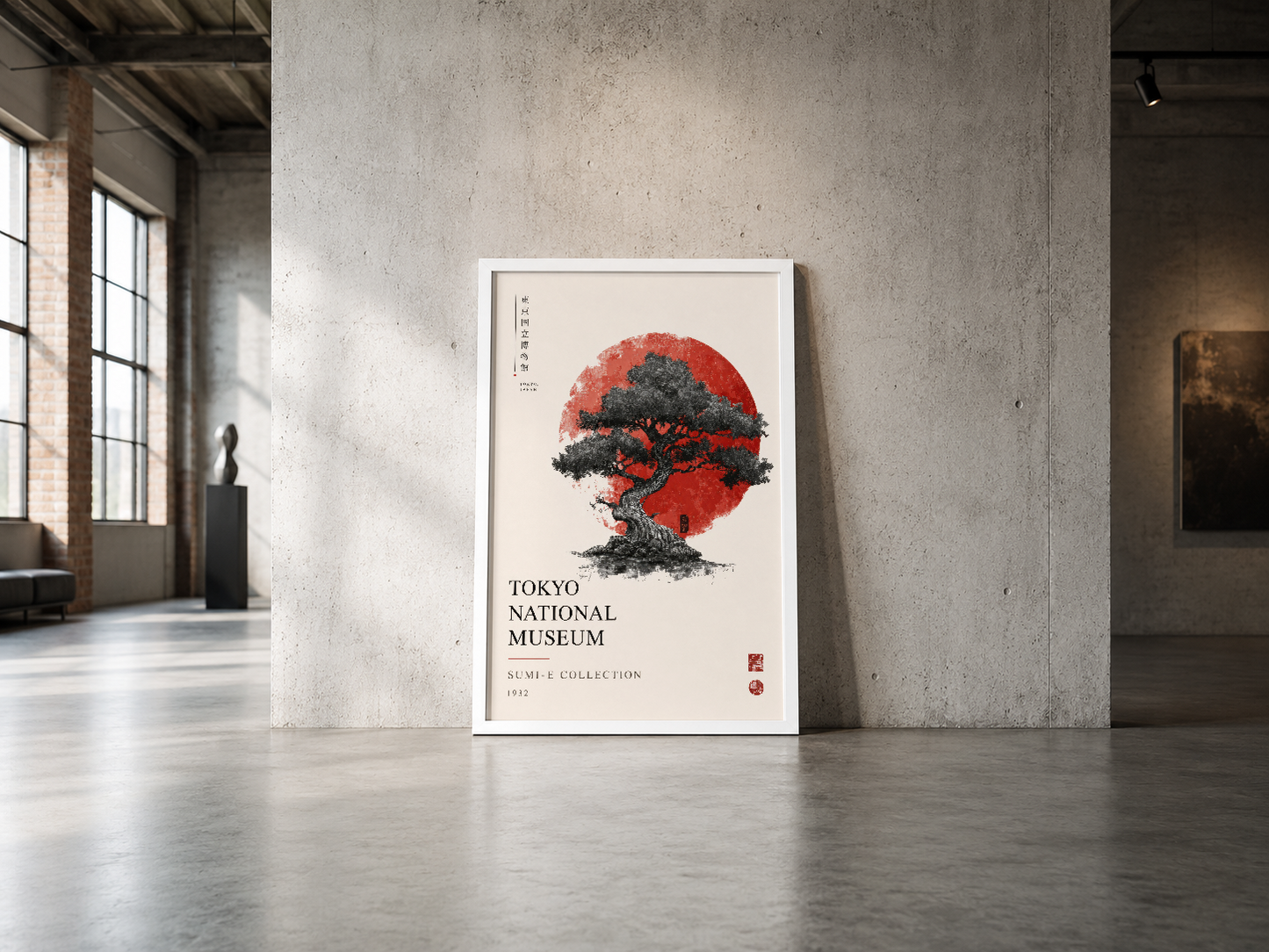 Tokyo Müzesi koleksiyonundan ilham alan, siyah ağaçlı kırmızı güneş temalı minimalist poster.