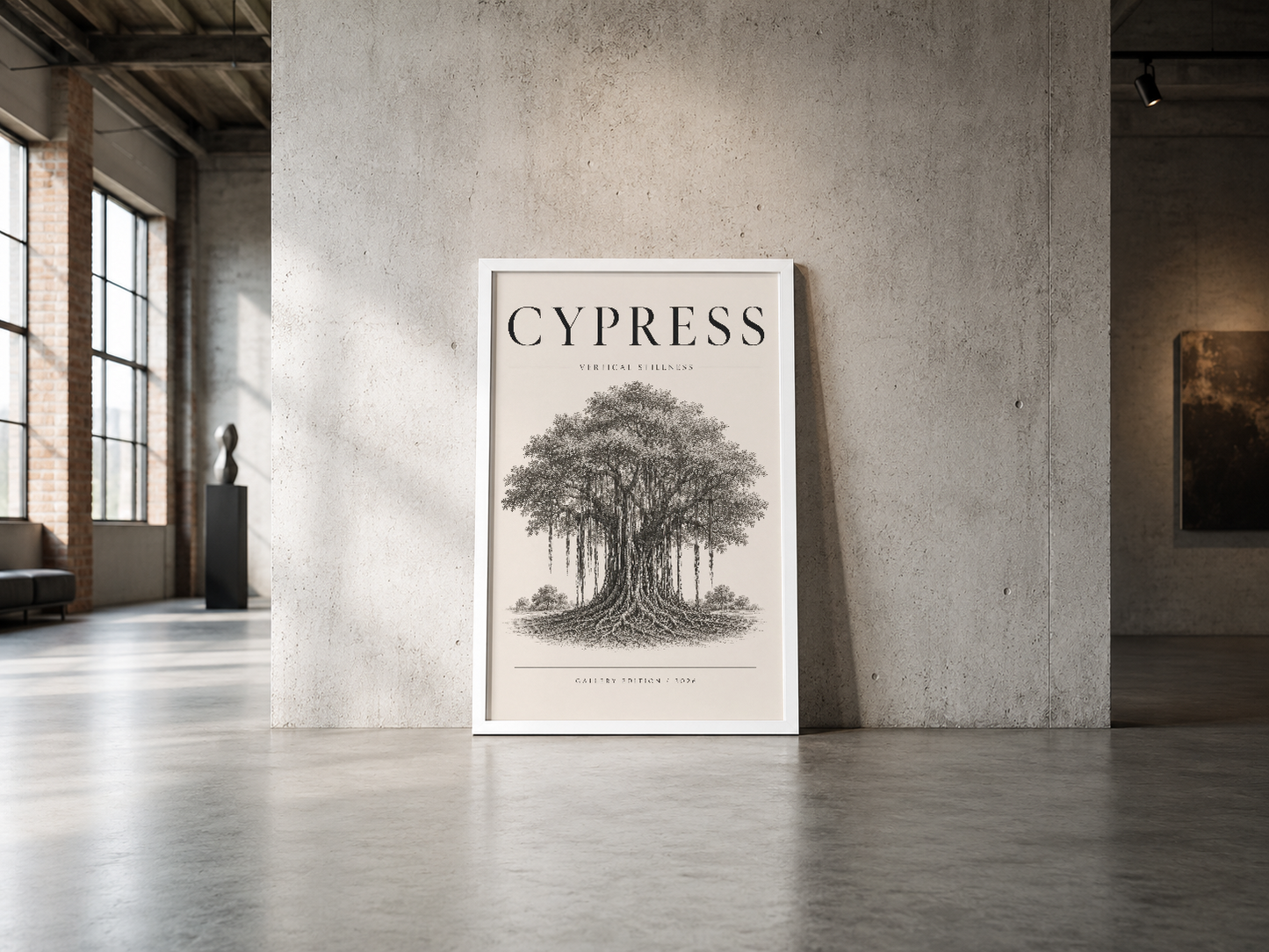 Cypress botanik posterinin beyaz çerçevesi, endüstriyel beton duvarlarla modern galeri mekanında sergileniyor.