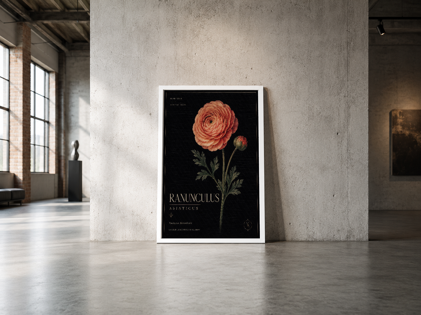 Zarif ranunculus tasarımı, beyaz çerçeve içinde endüstriyel galerilerde sanat koleksiyonunun merkezi.