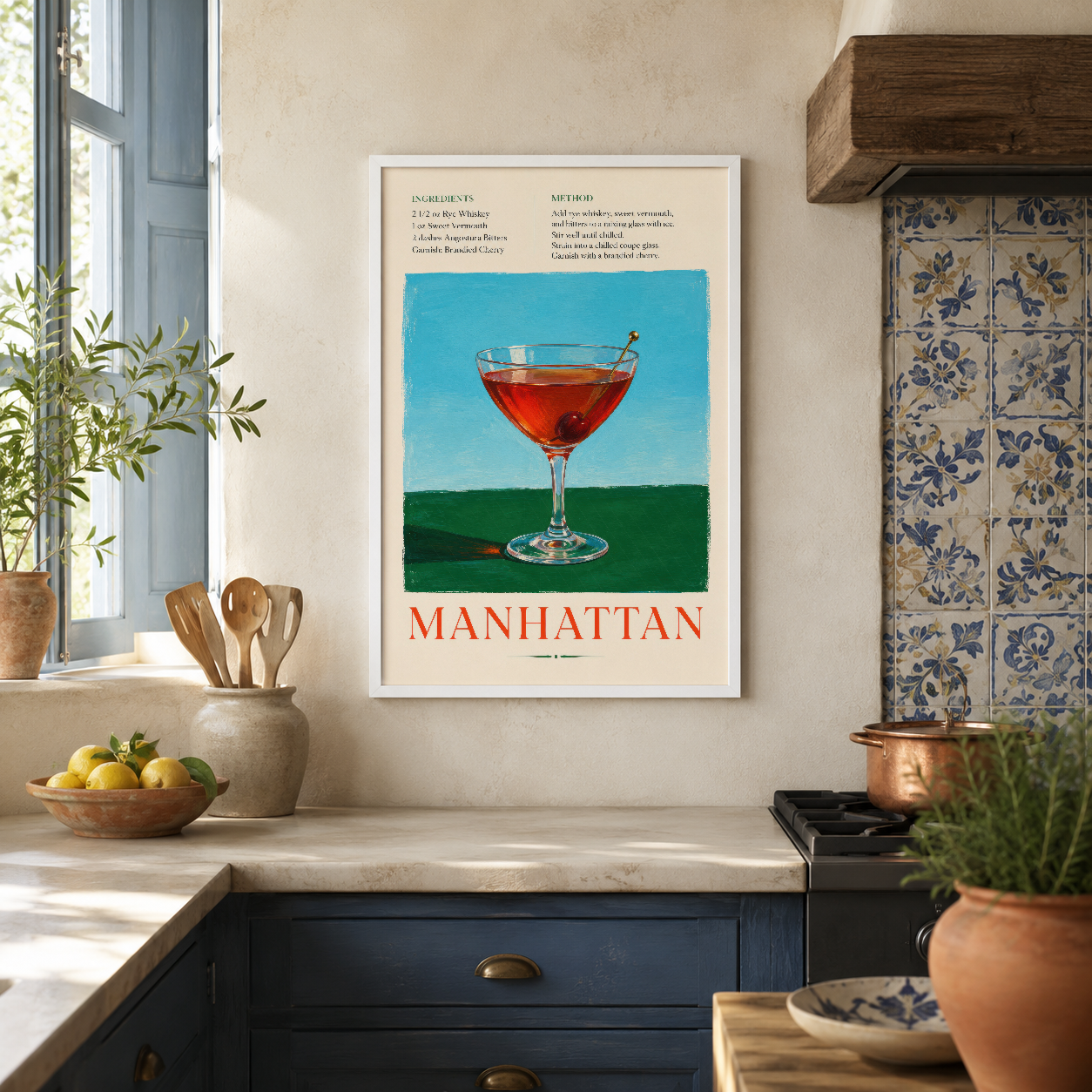 Kırmızı Manhattan içeceği ilustrasyonu, vintage stil kokteyl posteri beyaz çerçevede.
