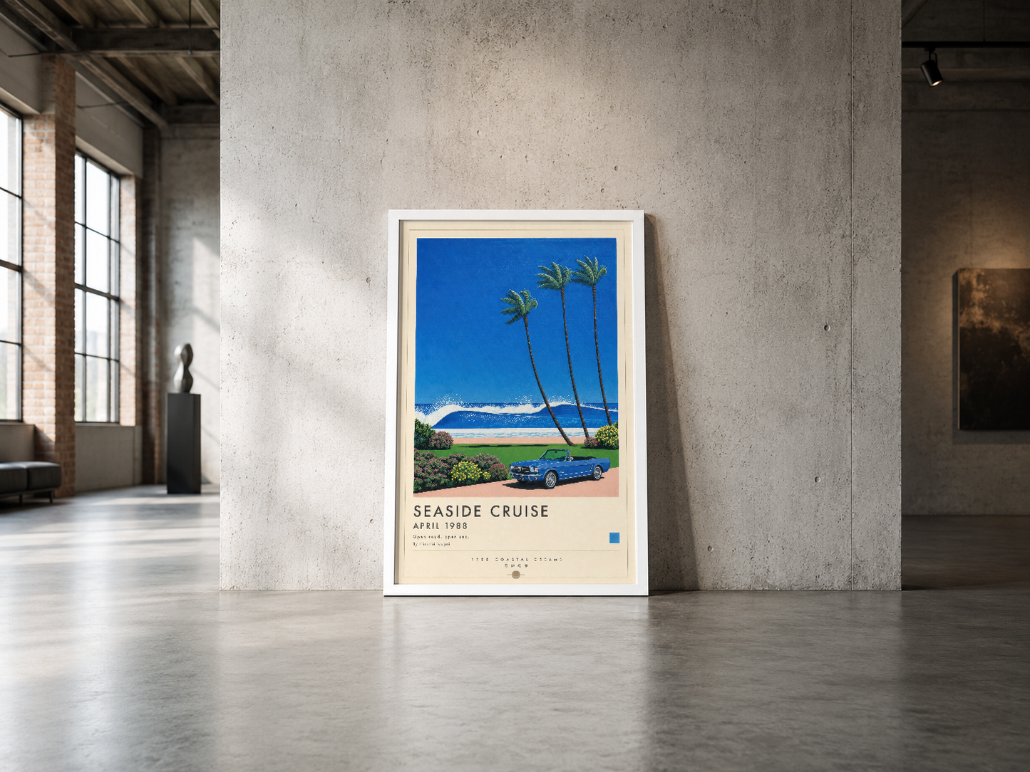 Retro Seaside Cruise posteri, beyaz çerçevede, endüstriyel betonlu alanda minimalist ve görkemli bir görünüm oluşturmaktadır.