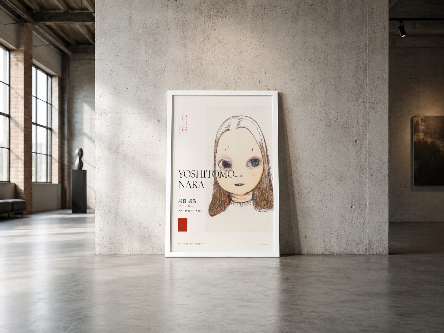 Beyaz çerçeveli sanat afişi, soyut kadın portresi, endüstriyel loft dekorasyonunda yer alan zarif poster.
