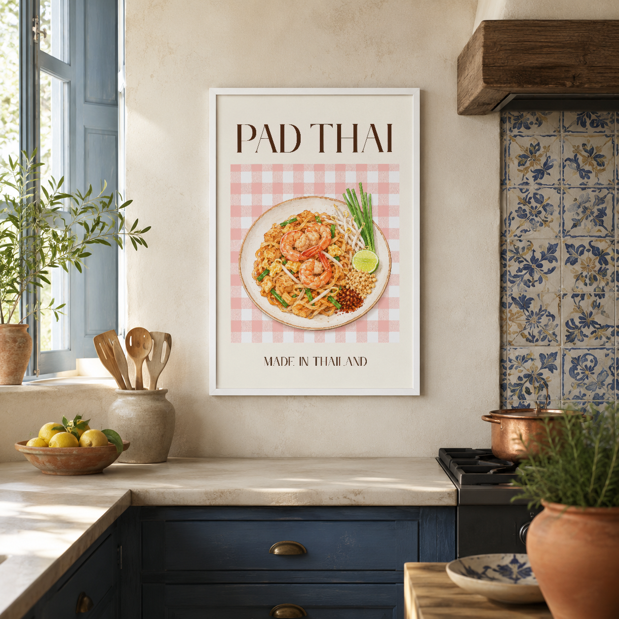 Pad Thai duvar tablosu, beyaz çerçevede, rustik mutfak stilinde, pembe kareli tasarım ve geleneksel Thai yemeği görseli.