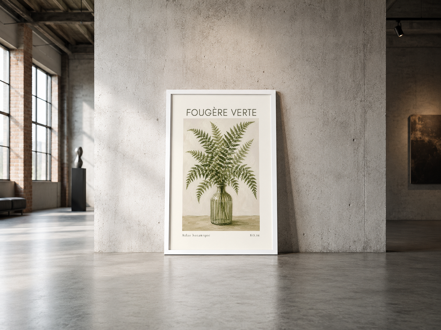Beyaz çerçeveli fern posteri, endüstriyel beton duvarda, minimalist galeri dekorasyonunda.