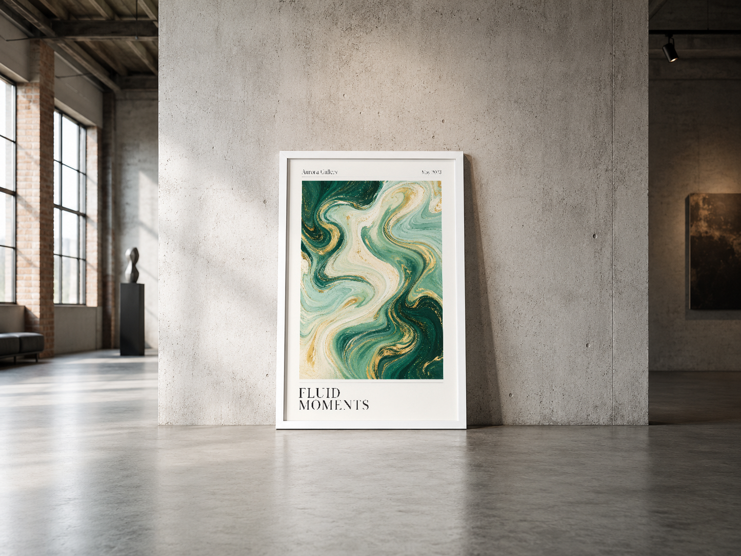 Akıcı dalgalar ve organik desenler içeren modern soyut poster, minimalist beyaz çerçeve.
