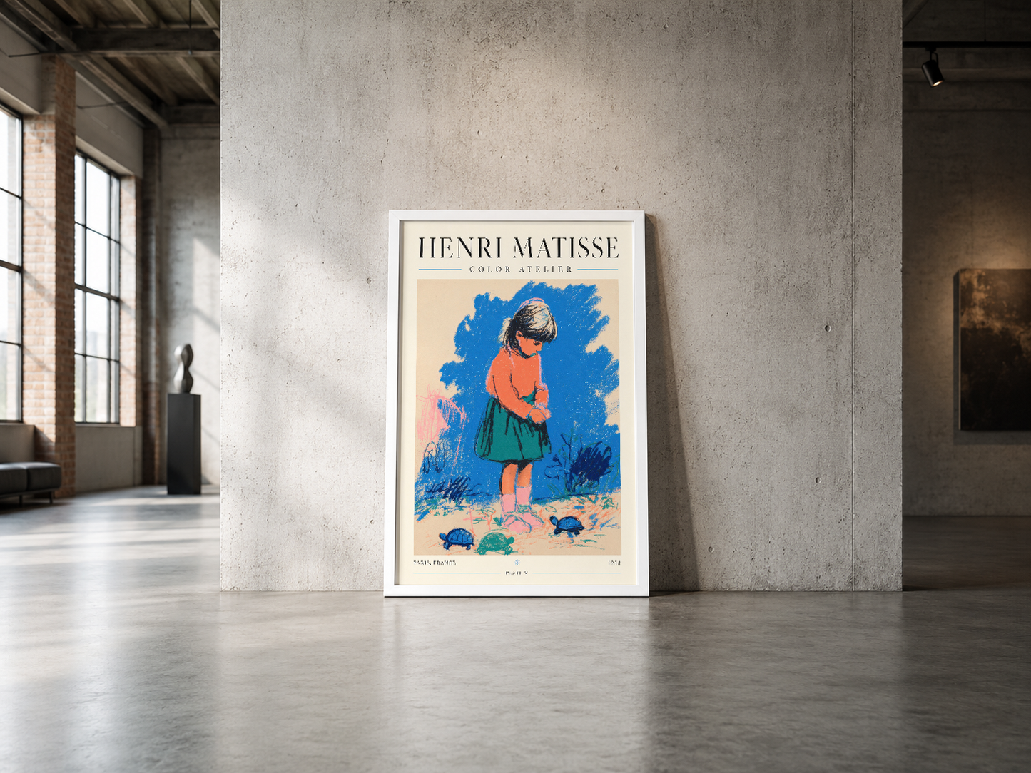 Matisse'in renkli çocuk figürü posteri, minimalist bir endüstriyel mekan duvarında çerçevelenmiş.