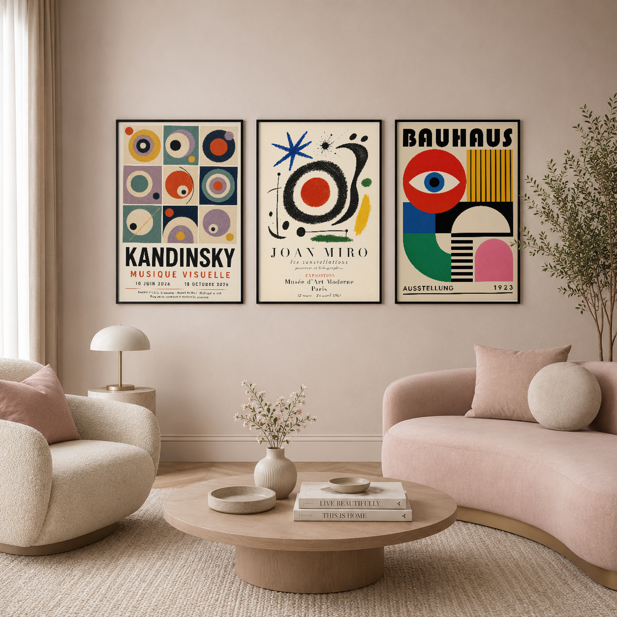 Bauhaus sanat tasarımı göz motifi, Joan Miró soyut çizgileri ve Kandinsky müziksel geometrisi ile dekore edilmiş oturma