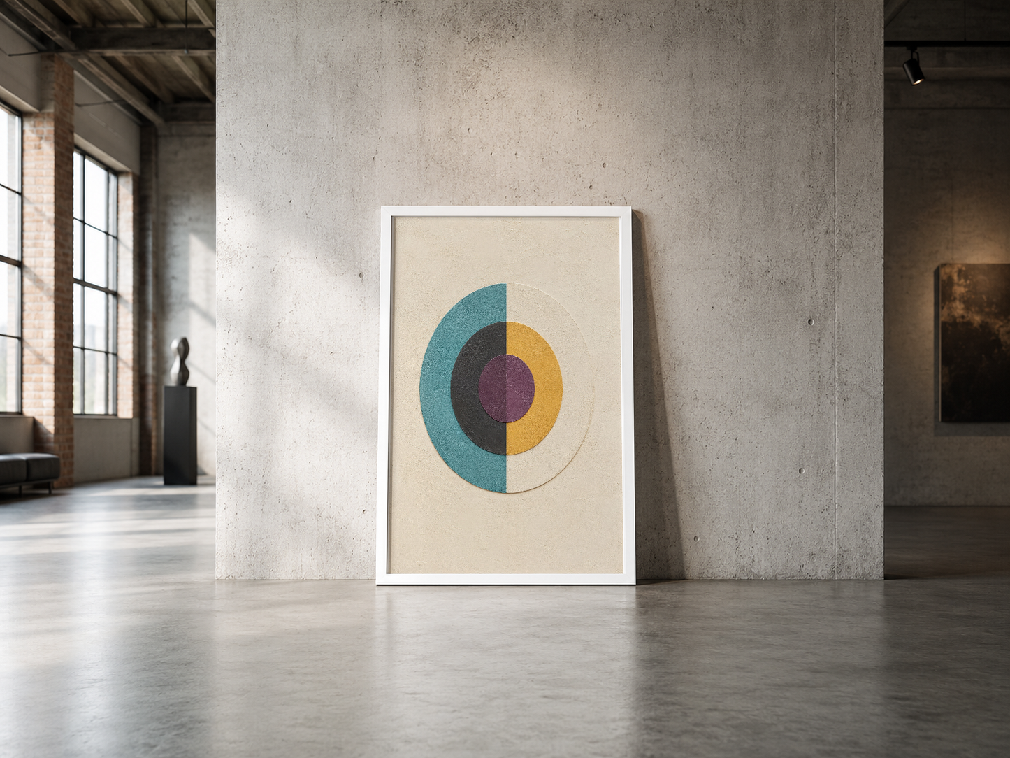 Minimalist endüstriyel mekan içinde sergilenen, katmanlı daire motifli çağdaş geometrik duvar sanat eseri.