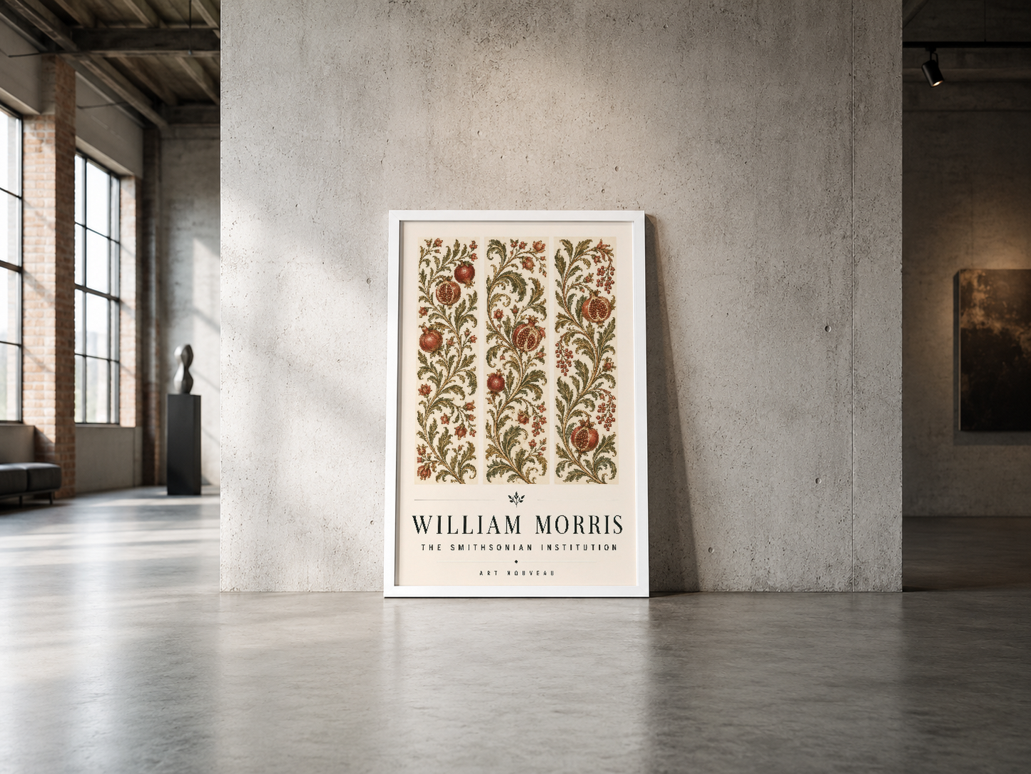 Çerçevelenmiş William Morris tablosu, çimento duvarı ve endüstriyel mimarinin ağırlığını yumuşatmış, ince bir tasarım