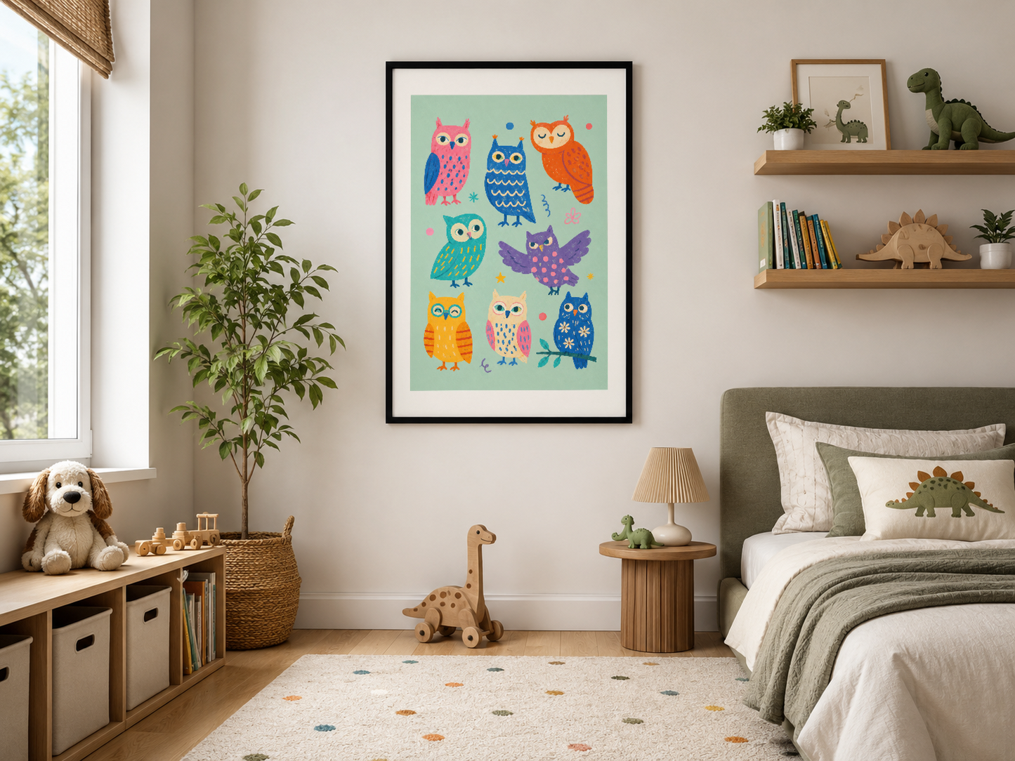 Eğlenceli baykuş karakterleri, siyah çerçeveli poster, modern yaşam alanında.