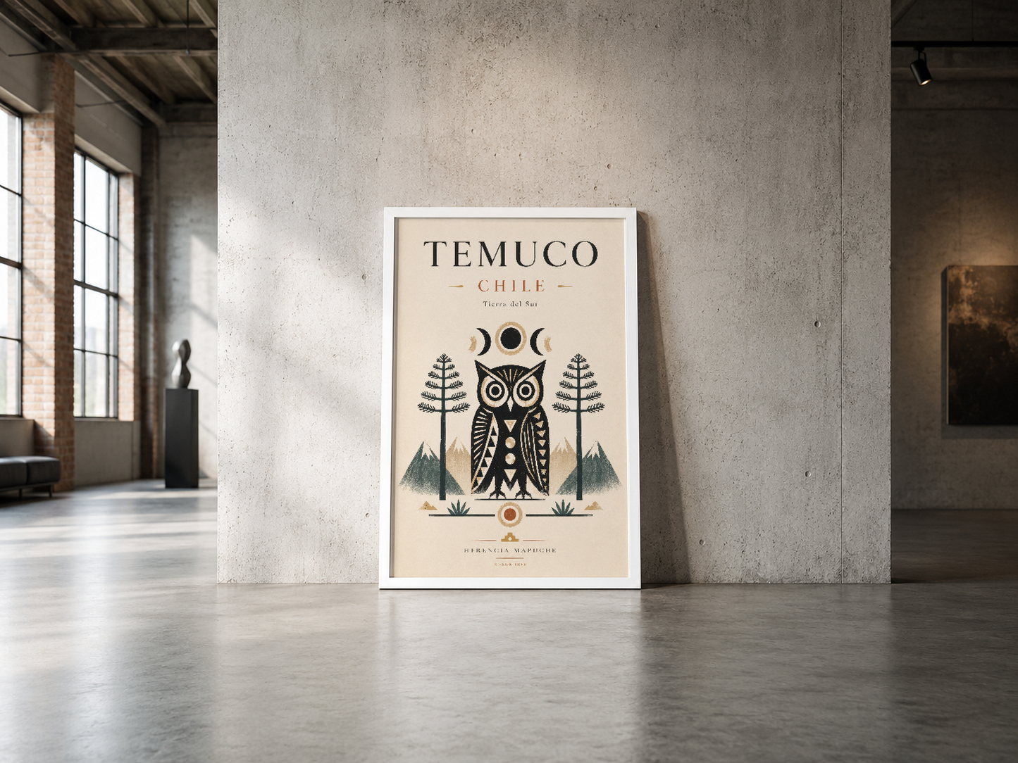 Temuco Chile baykuş illüstrasyonlu poster, endüstriyel beton duvar ortamında çağdaş tasarım.