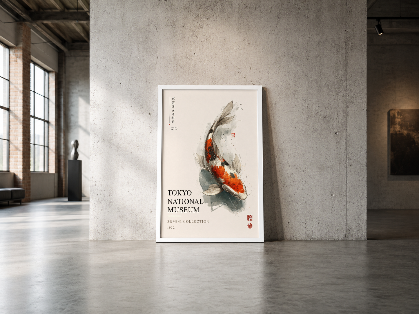 Minimalist iç mekanda, sumi-e tekniğiyle çizilmiş koi balığı posteri endüstriyel estetikle uyum sağlıyor.