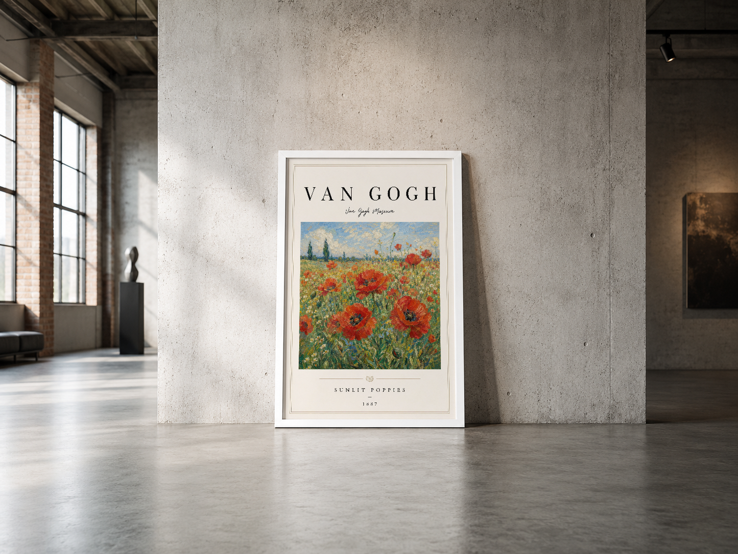 Kırmızı gelinciklerle dolu Van Gogh posterinin beyaz çerçevesi, endüstriyel mekanda zarif bir görünüm yaratıyor.