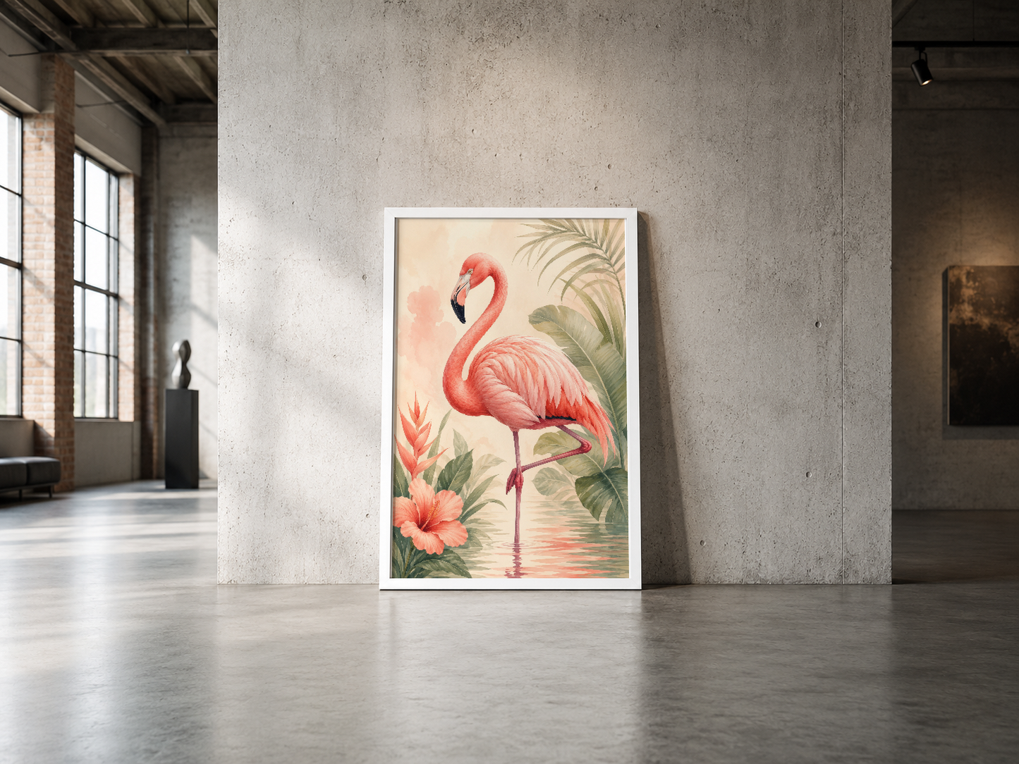 Pastel pembe flamingo ve yapraklarla dekore edilmiş sanat eseri, beyaz çerçeveli modern poster.
