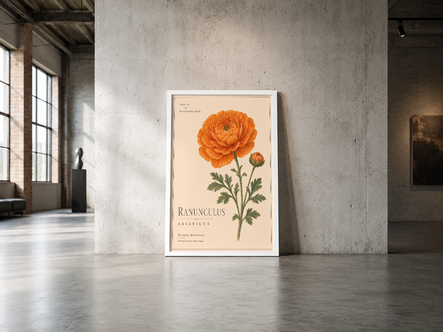 Detaylı yapraklarıyla birlikte canlı turuncu Ranunculus tasarımı, beyaz çerçeveli modern poster.