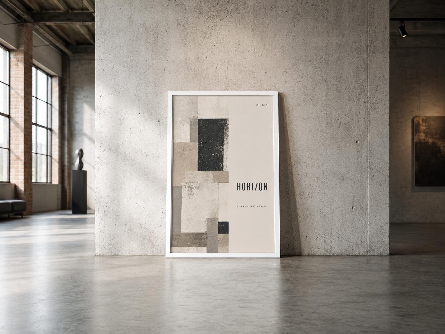 Minimalist Horizon tablosu beyaz çerçeveli, endüstriyel betona karşı sergilenen çağdaş sanat eseri.