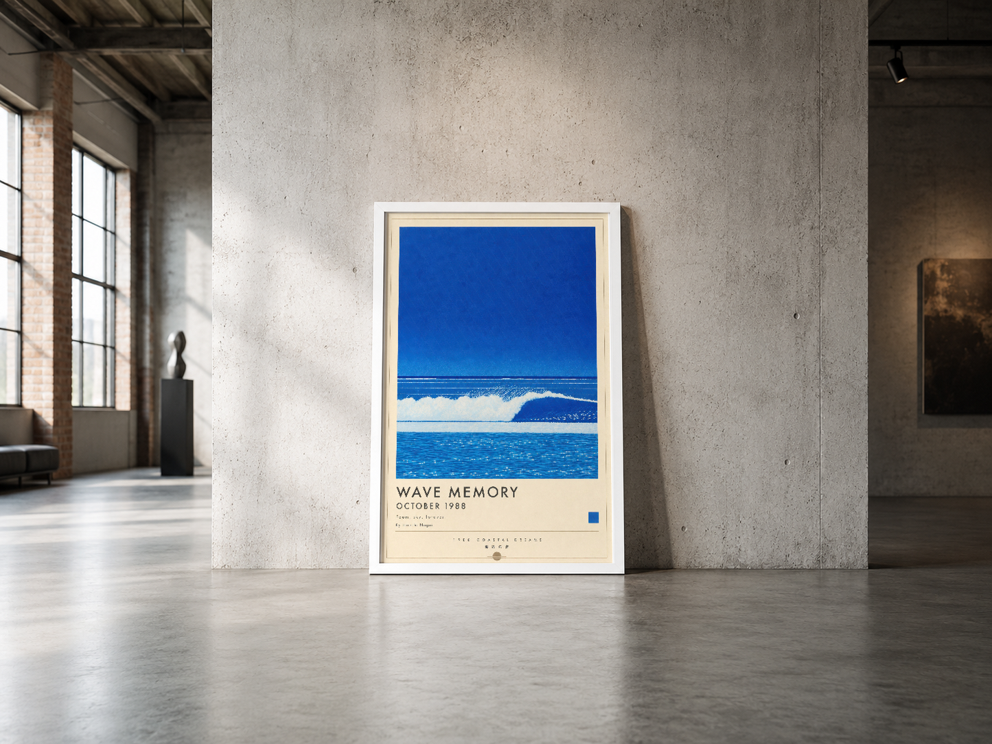 Wave Memory poster, beyaz çerçeveli tasarımıyla endüstriyel mekan dekorasyonunun minimalist odak noktası.