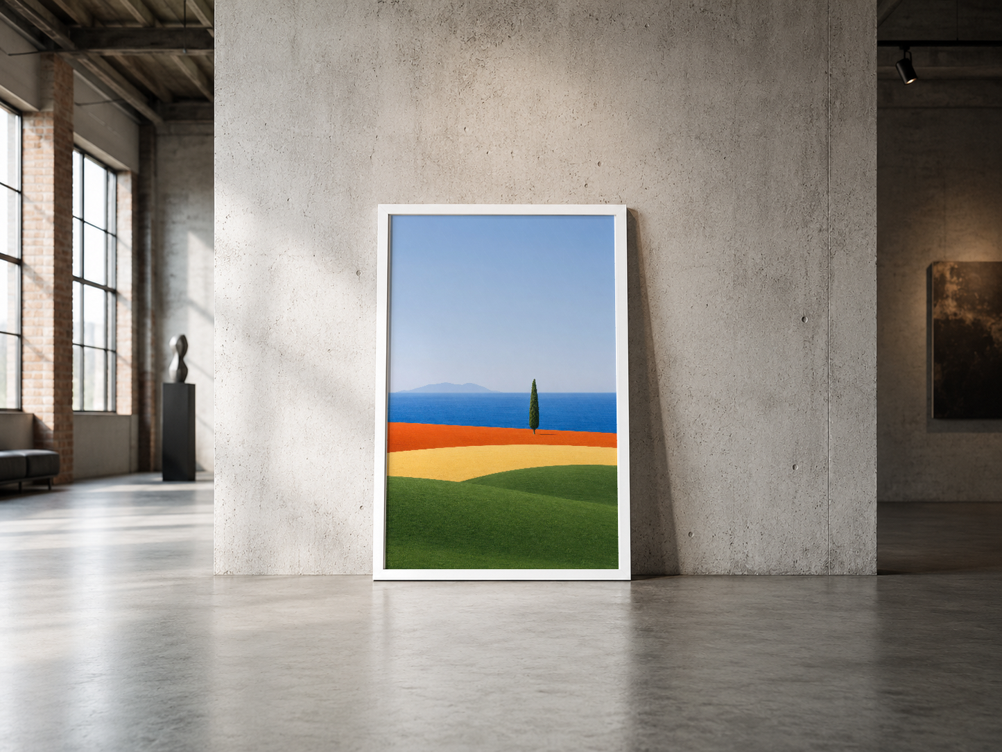 Minimalist tasarım, mavi deniz ve yeşil tarla manzarası, beyaz çerçeveli duvar tablosu.