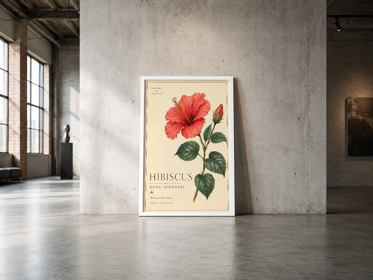 Vintage botanik poster, kırmızı hibiskus çiçeğiyle endüstriyel mekanda sanatsal vurgu yapıyor.