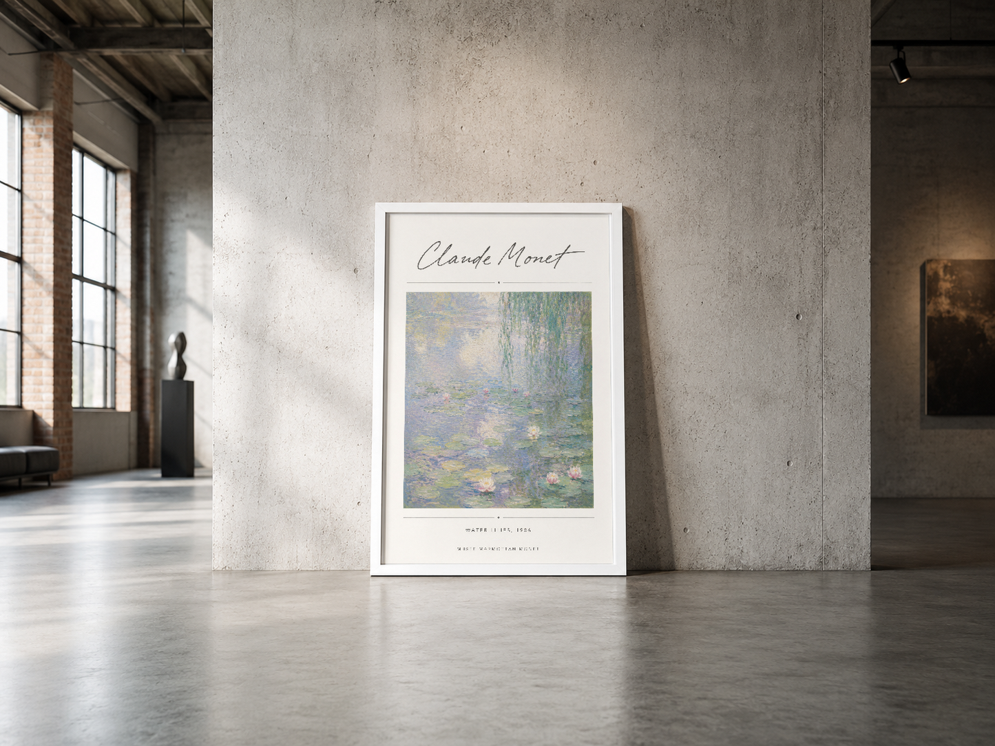 Monet'nin Nilüfer Havuzu eseri, beyaz çerçevede endüstriyel stilize mekanda minimalist bir dokümanter poster olarak