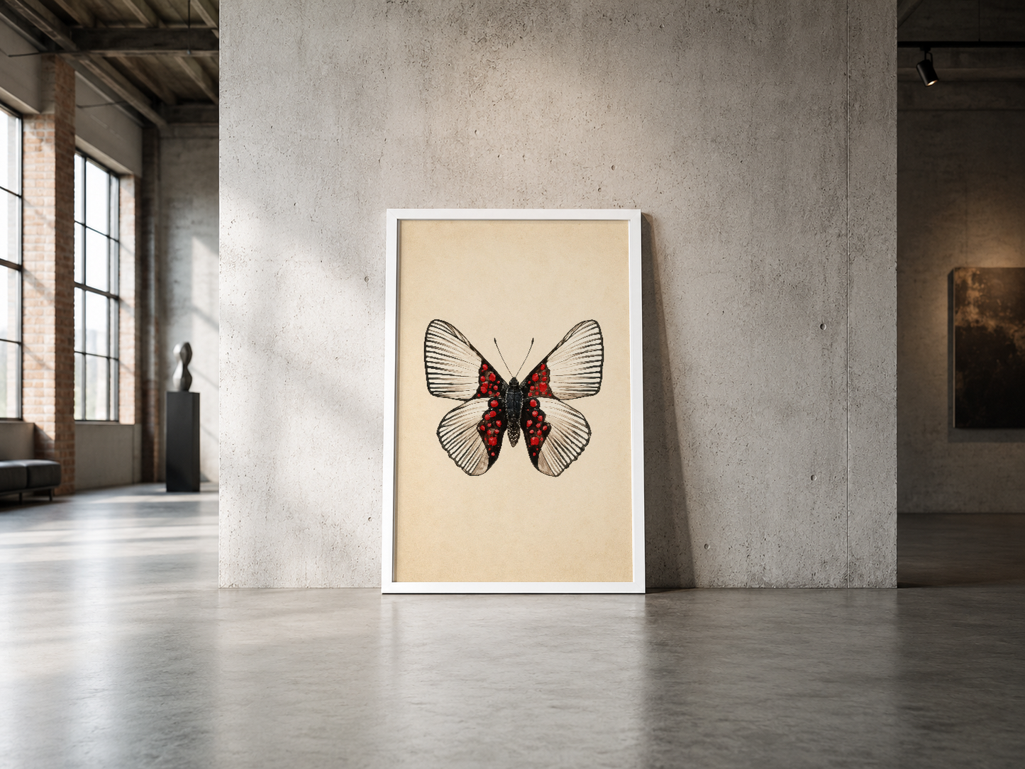 Minimalist beyaz çerçeveli kelebek posteri, endüstriyel betonlu galeride sanatsal bir ifade yaratıyor.