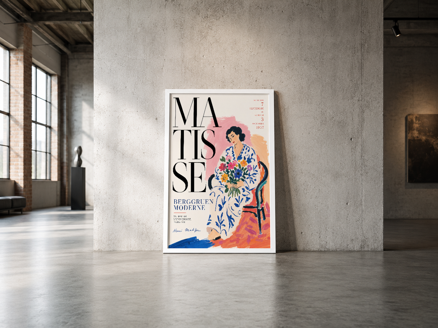 Canlı renkleriyle Matisse posteri, endüstriyel betonmuş alanın minimalist duvarında çerçevelenmiş halde.