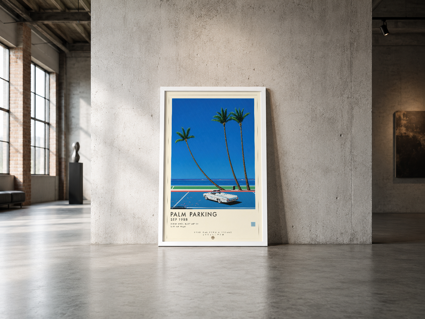 Vintage estetikteki Palm Parking posteri, beyaz çerçevesiyle endüstriyel beton duvarlar arasında zarafet ve stil sunuyor.