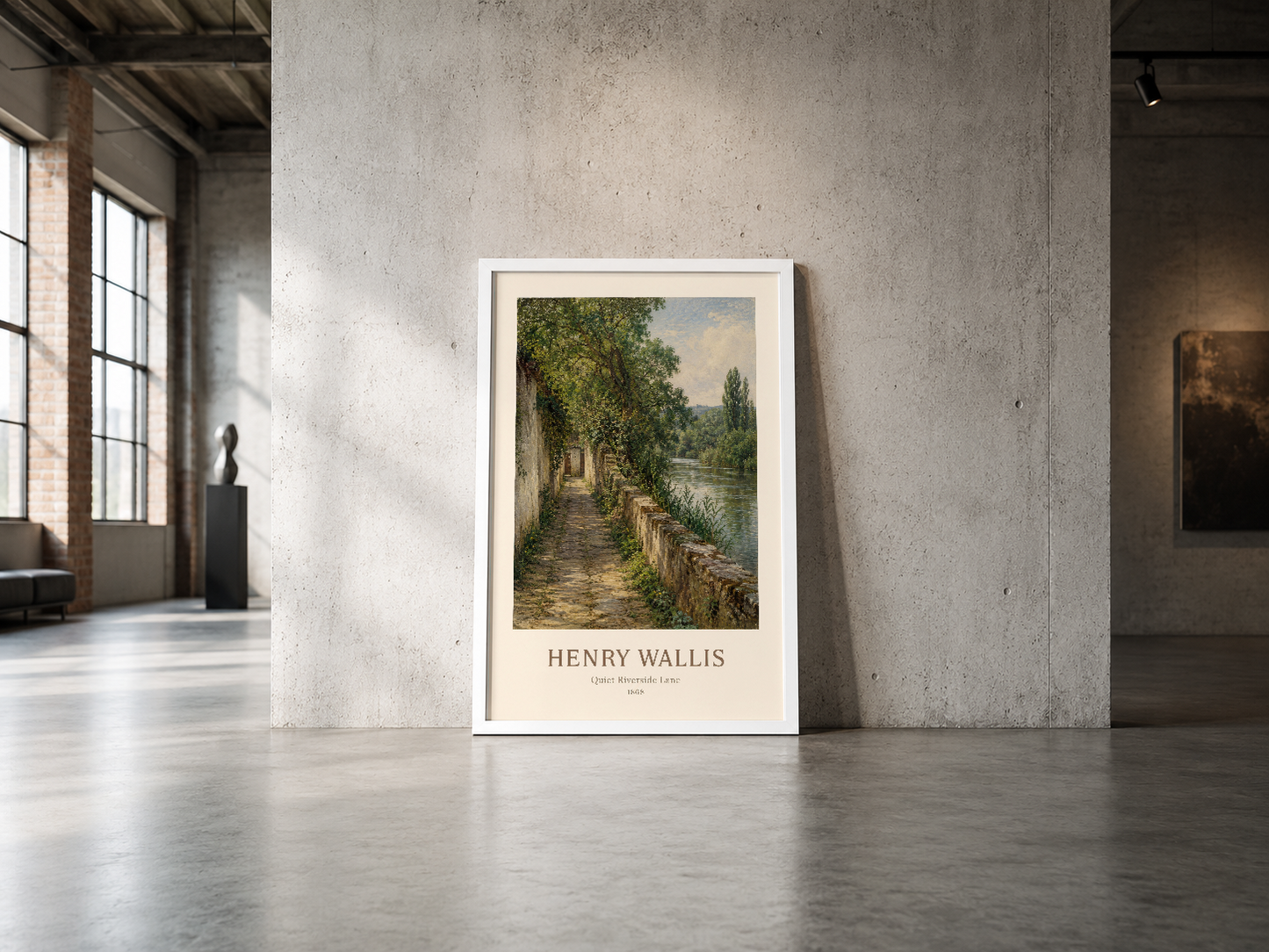 Endüstriyel mekanda sergilenen Henry Wallis klasik poster, doğal ışığla vurgulanan yeşil ağaçlar.