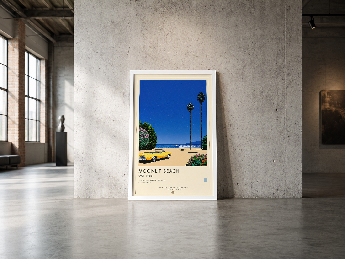 Moonlit Beach sanat tablosu; saf mavi gökyüzü ve sandy sahil manzarası ile yer alan ikonik vintage stil dekoratif poster.