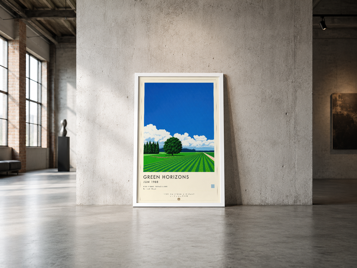 Yeşil Horizons başlıklı retro poster, endüstriyel betonun içinde zeminde durmakta ve minimalist tasarımı vurglamaktadır.