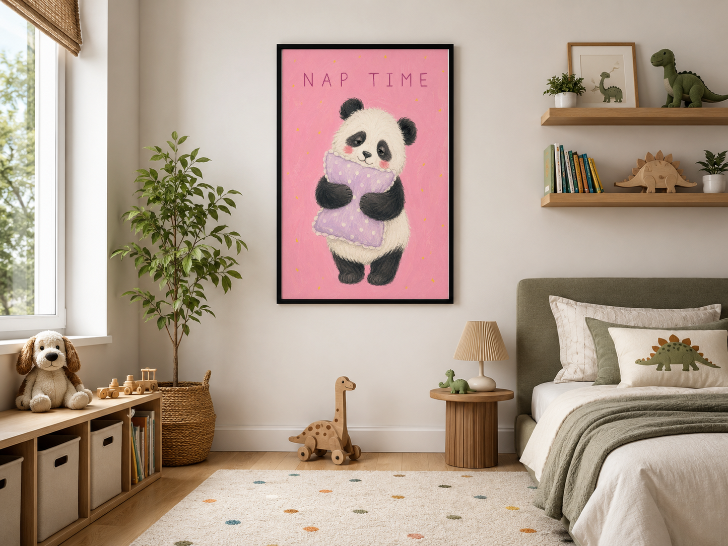 Siyah çerçeveli pembe panda nap time posteri, modern yatak odasında dekoratif bir duvar sanatı.