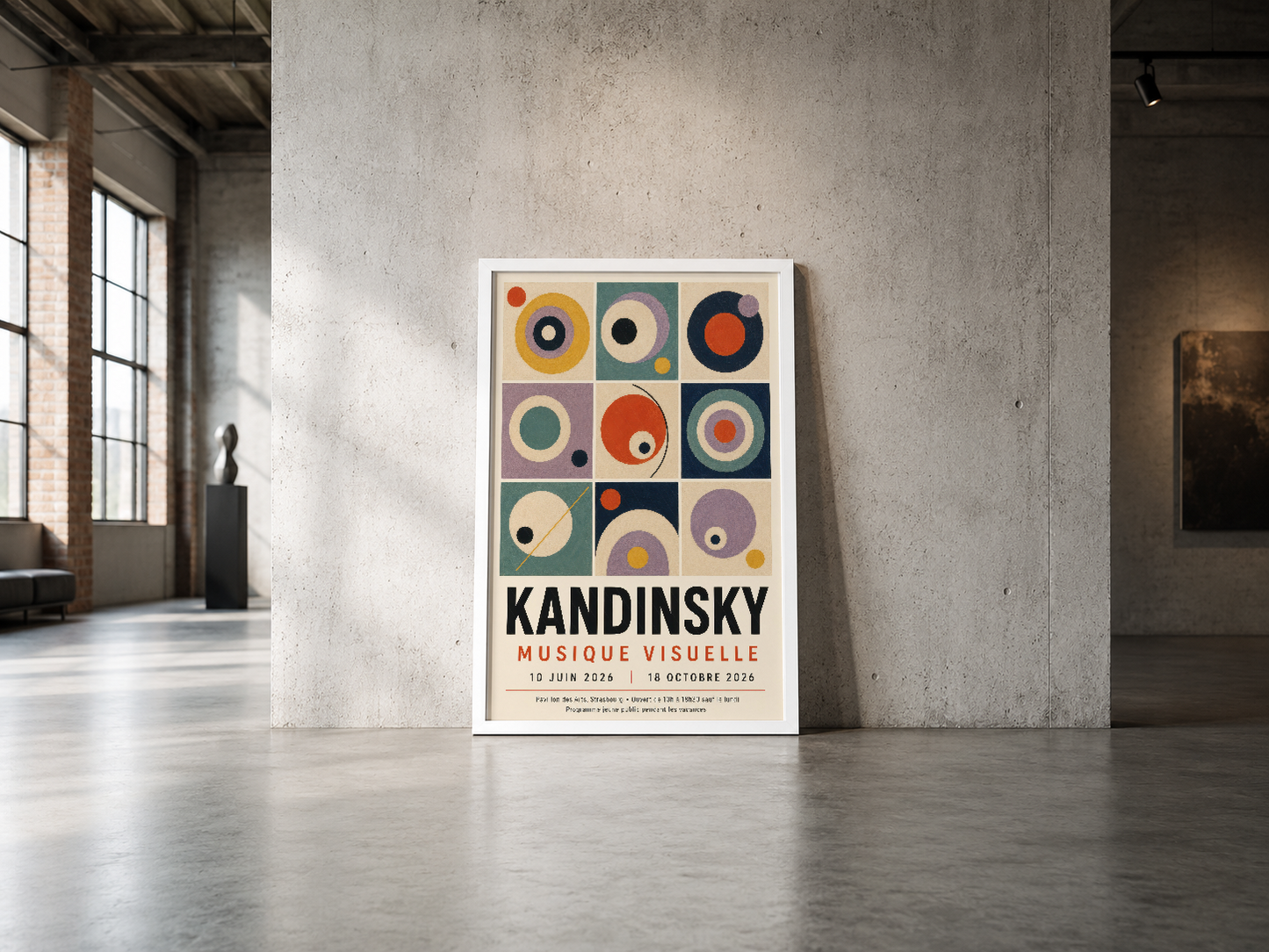 Kandinsky'nin soyut sanat eserinin 9 karelik daire motifi, endüstriyel loft alanının beton duvarında beyaz çerçeve içinde.