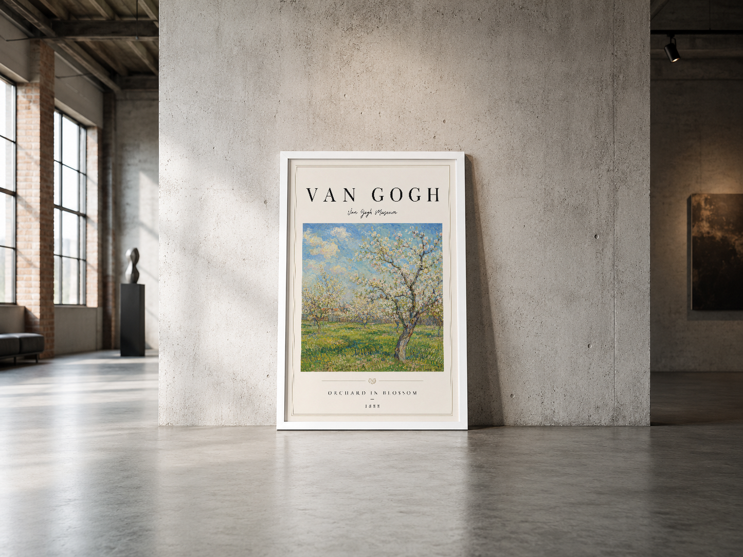 Van Gogh Orchard in Blossom posteri, beyaz çerçeveli, endüstriyel beton duvar üzerinde sanat eseri.