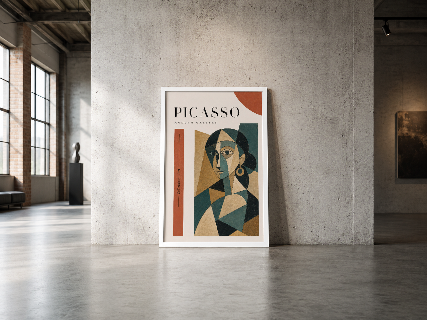 Picasso Modern Gallery posteri, soyut kadın figürünü mercan, sarı ve yeşil tonlarında, endüstriyel alanda gösteriyor.