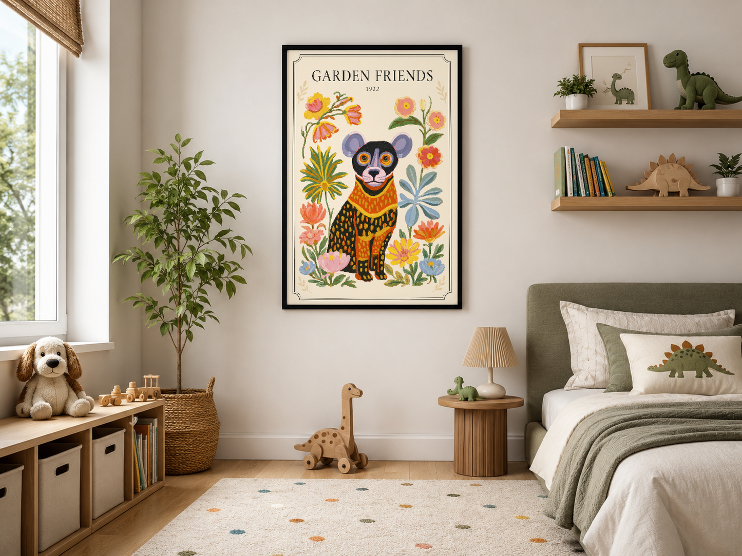 Siyah çerçeveli Garden Friends posteri, modern yaşam alanında bitkiler ve oyuncaklar arasında duvarı süslüyor.