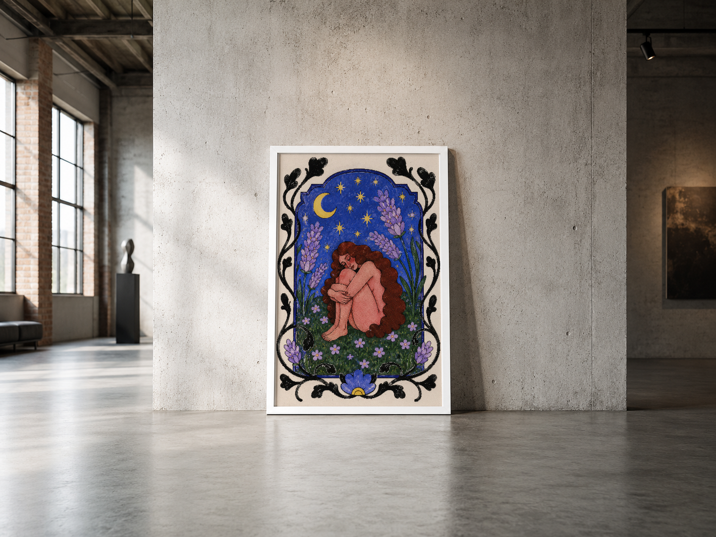 Çiçek ve ay motifli, dekoratif siyah çerçeveli duvar sanat tablosu.