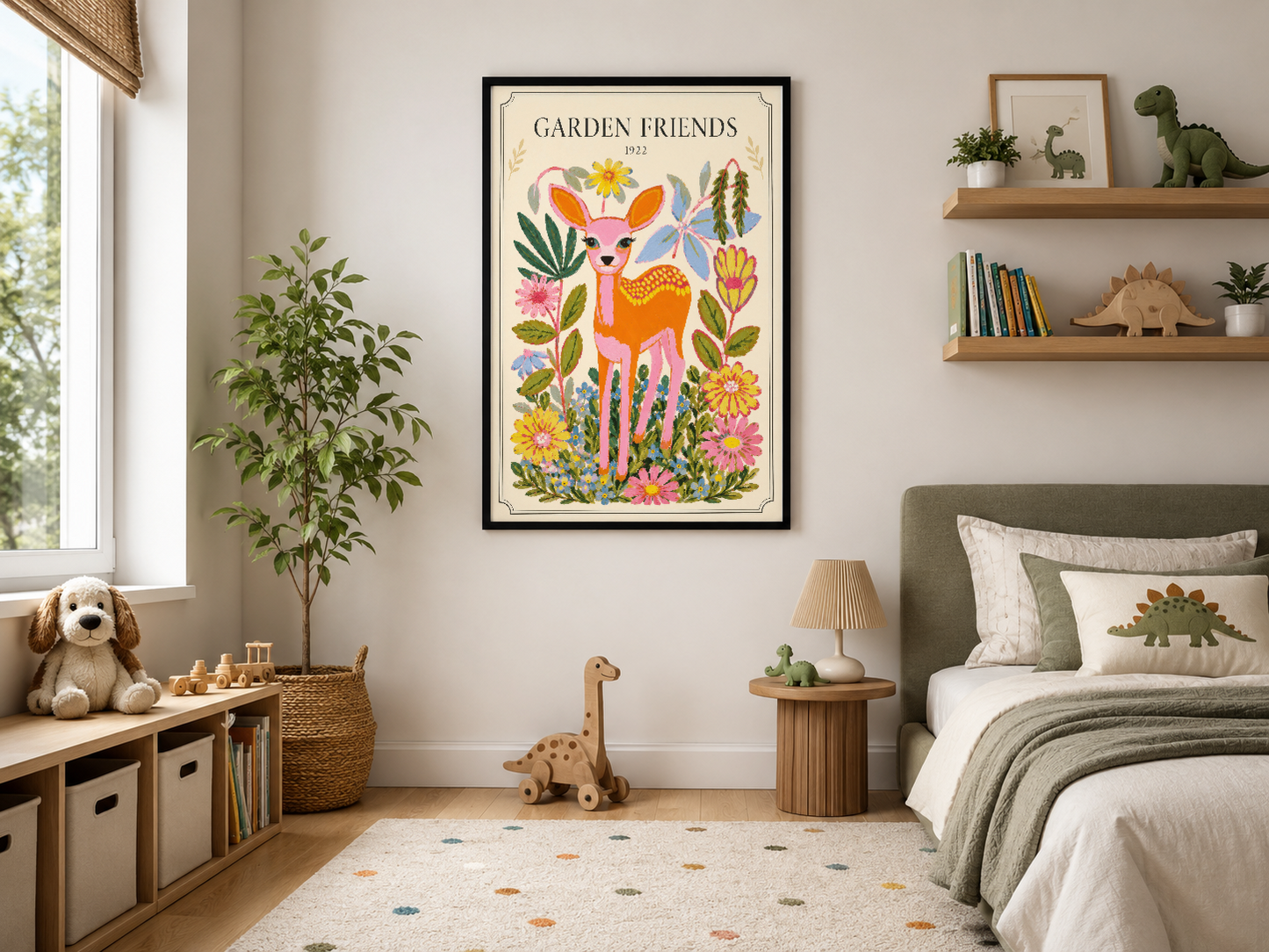 Siyah çerçeveli Garden Friends posteri modern yatak odasının duvarında, doğa temalı dekorasyon ortamında.