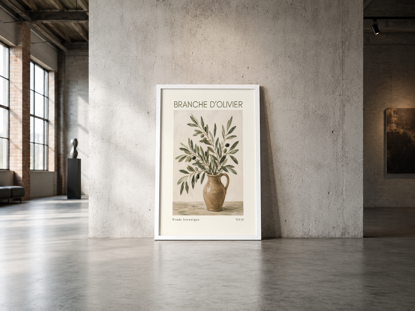 Toprak rengi vazo içinde zeytinağacı dalları gösteren botanik stil poster, modern endüstriyel mekan.