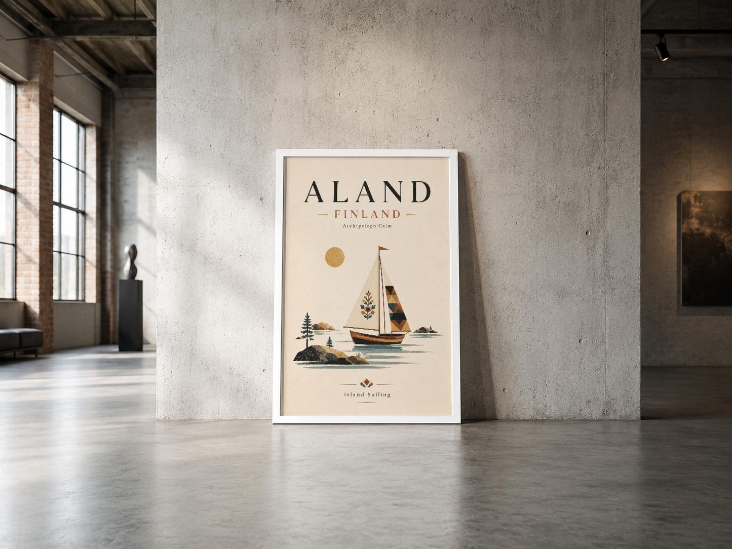 Aland Finland yelkenli gemisi görselli, nordik stil poster, çağdaş loft alanında duvar sanatı olarak konumlandırıldı.