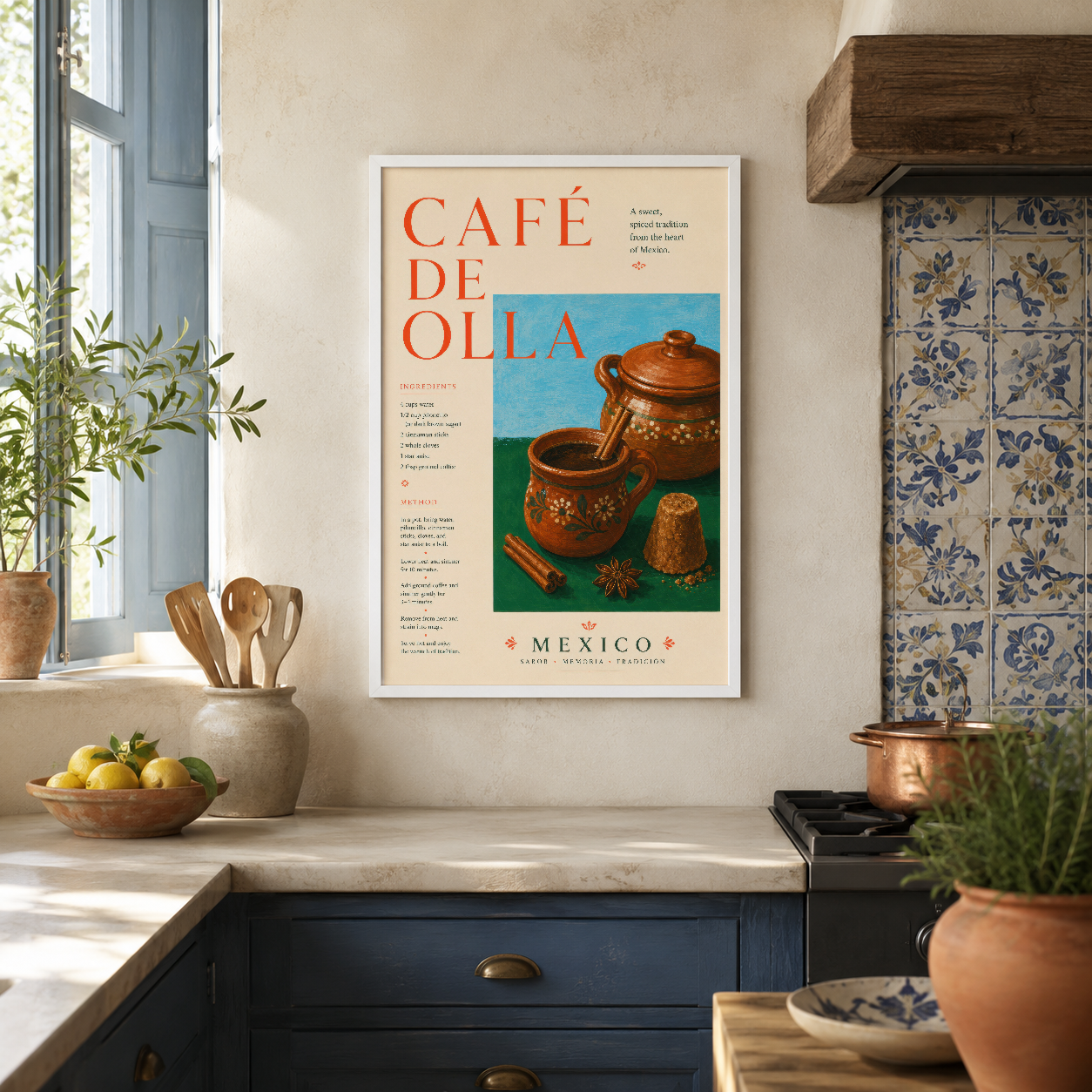 Cafe de Olla sanat tablosu, 1950ler tarzında Meksika kültürü temasıyla, beyaz çerçevede rustik mutfada sergilenmişti.