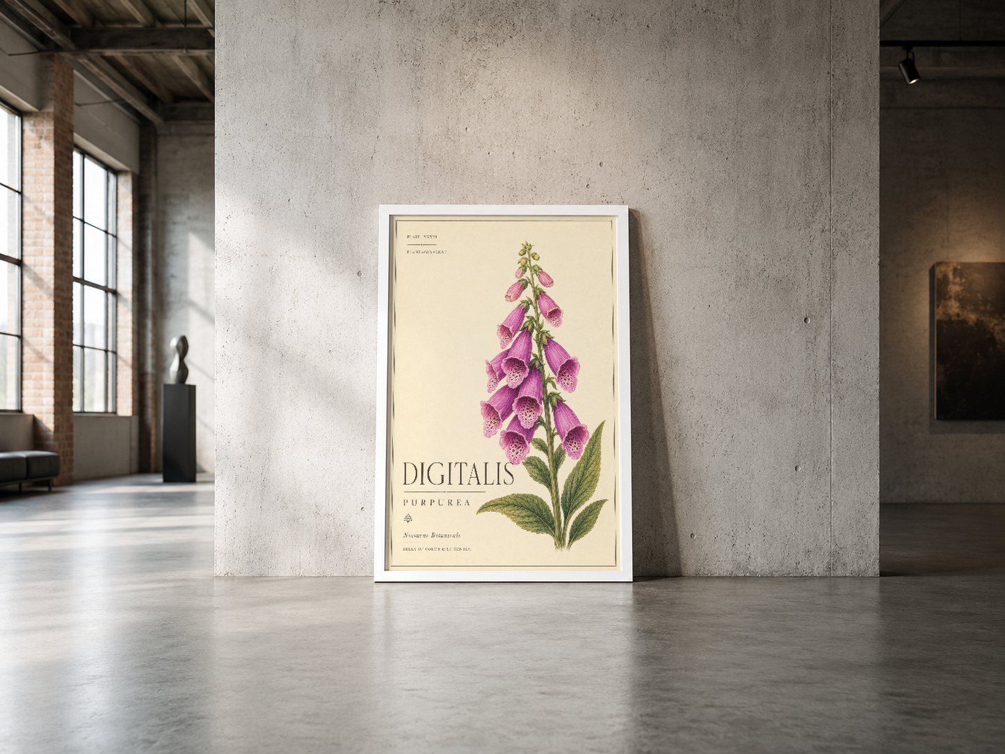 Vintage botanik baskısı Digitalis çiçeği, beyaz çerçeve, endüstriyel galeride sergilenen minimalist poster.