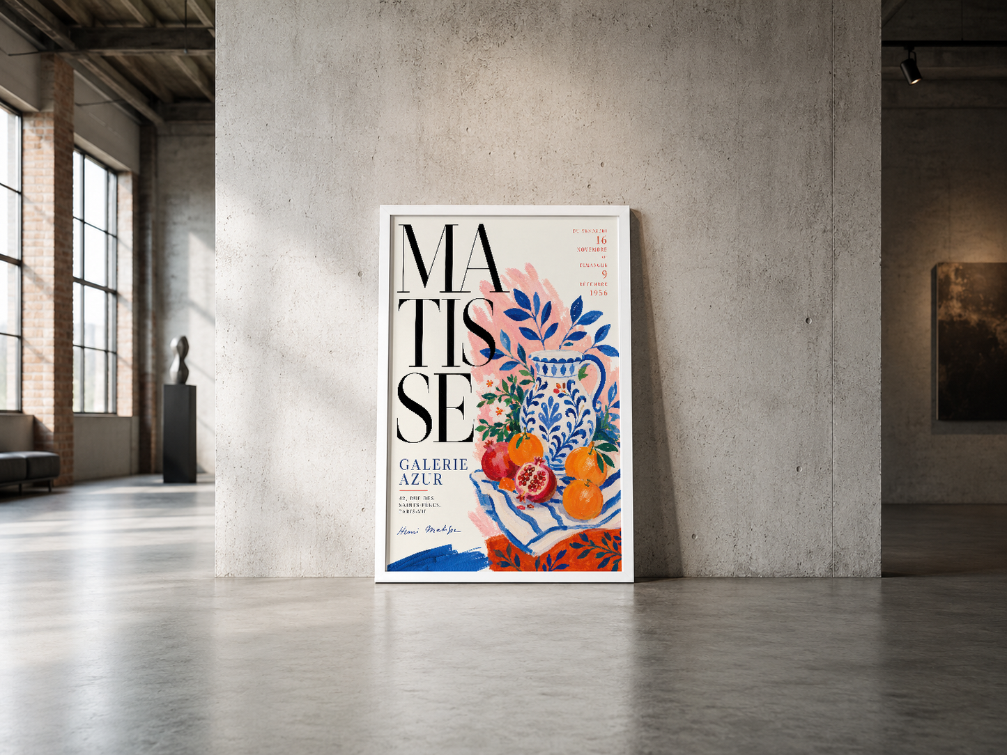 Matisse Galerie Azur posteri, minimalist endüstriyel mekanda sanat ve tasarımın kusursuz buluşmasını yansıtıyor.