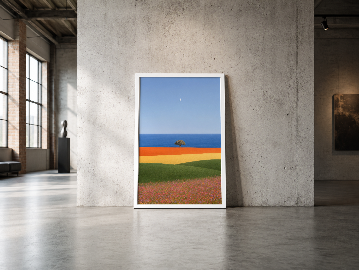 Gökyüzü, deniz ve tarlaları temsil eden geometrik şeritlerden yapılmış minimalist poster, endüstriyel mekanda.