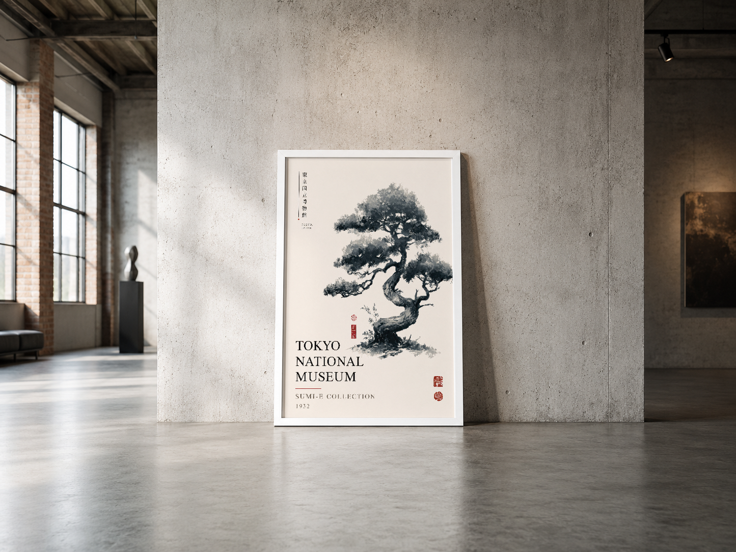 Siyah çerçeveli bonsai sanat posteri, endüstriyel beton duvar ve gri mermer zeminle çok modern mekanda.