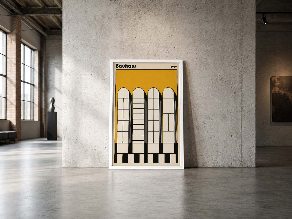 Bauhaus 1919 sanat tablosu, geometrik pencere tasarımı, beyaz çerçeve, endüstriyel mekanda.