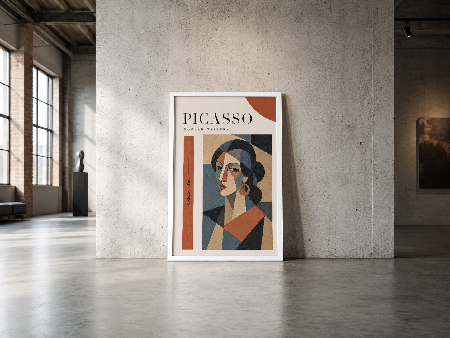 Picasso sanat posteri, çok yüzlü portre ve soyut tasarım ile endüstriyel mekanda sergilendi.