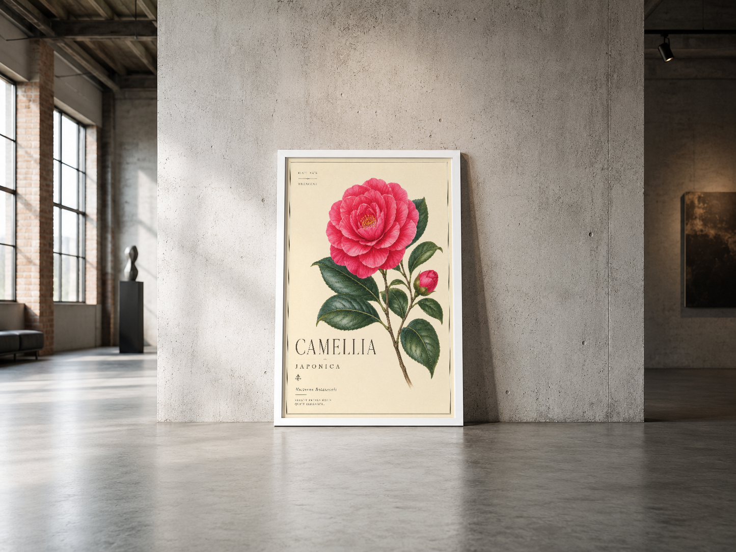 Vintage botanik sanat posteri beyaz çerçevesiyle endüstriyel beton duvarda, minimalist tasarım ve doğal güzelliği yansıtan